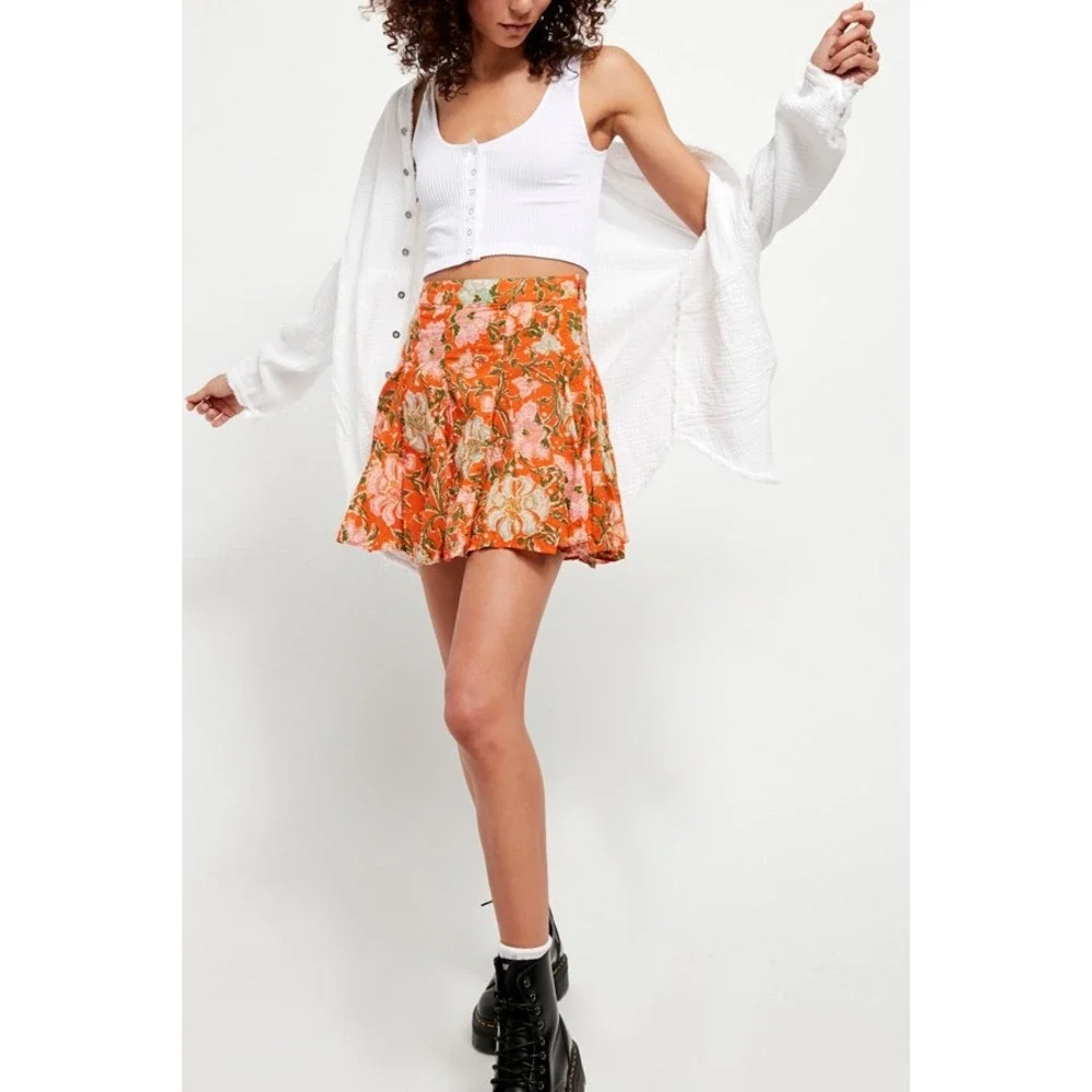 Free People End Of The Island‎ Godet Floral Print Pleated Mini Skirt Size 2